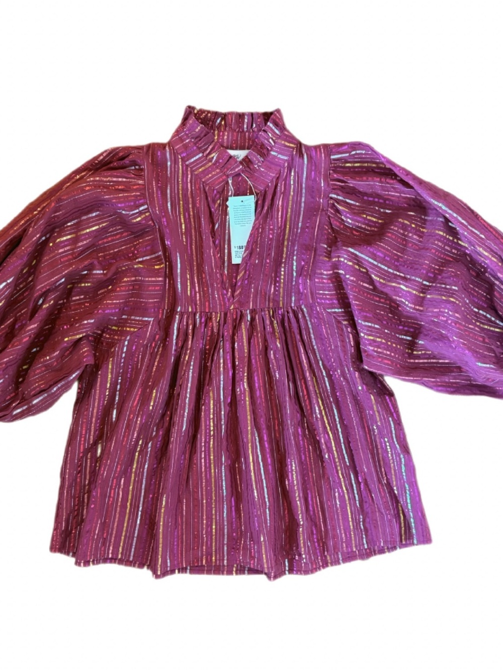 Never A Wallflower Pink Metallic Stripe High Neck Top Puff Sleeve NWT Large